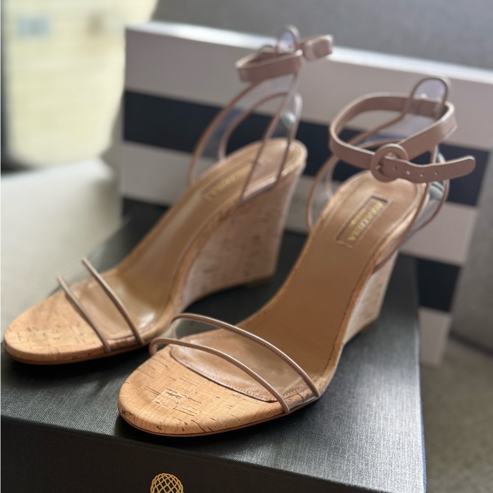 Aquazzura Tan Leather Wedge Sandals with Ankle Strap